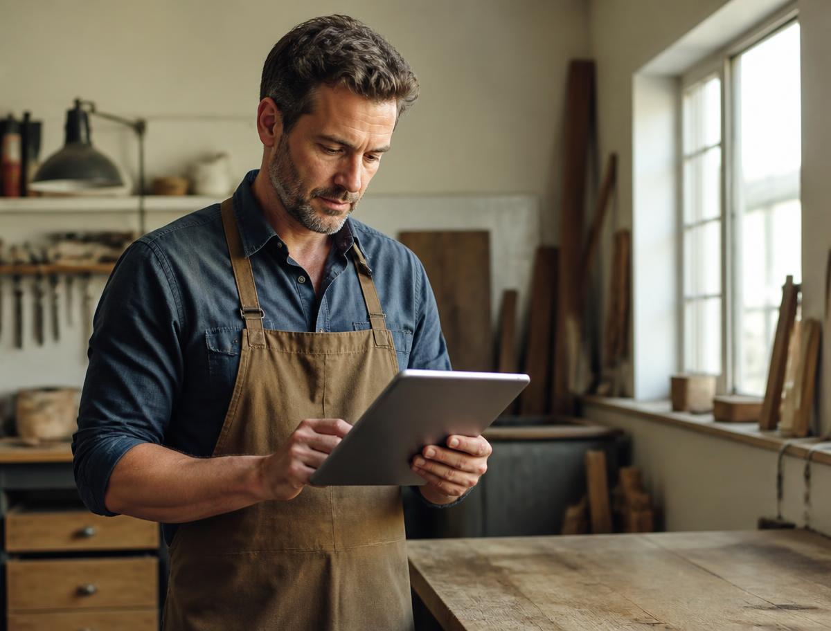 Artisan indépendant consultant sa tablette dans son atelier