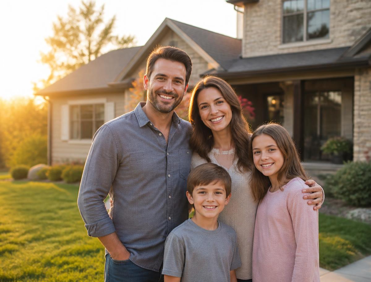 Famille souriante devant sa maison, assurée en habitation