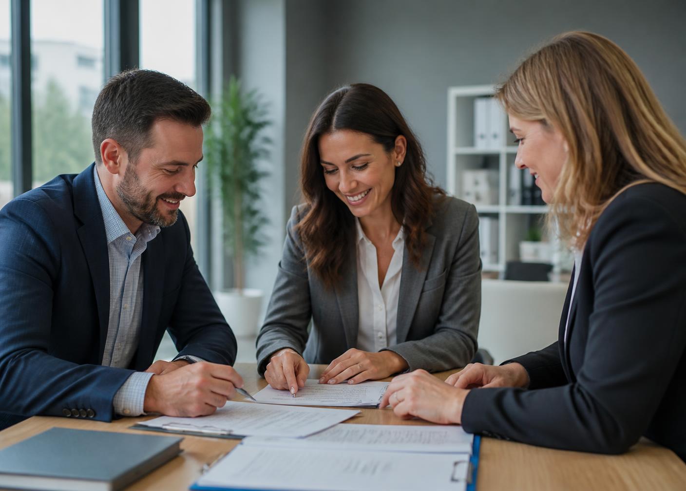 Conseiller et clients signant un contrat d'assurance ensemble